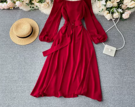 2020早秋新款连衣裙女法式复古方领泡泡袖...