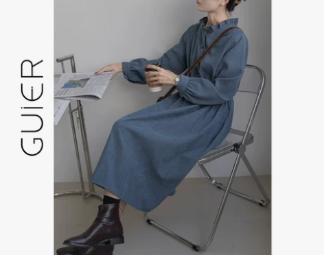 「GUIER」灯芯绒宫廷复古连衣裙女秋季新...