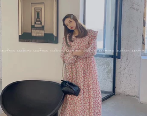 W家春秋新款小方领荷叶边小碎花复古宽松大版...