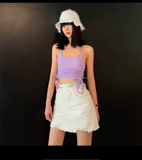 ABMY磨破牛仔半身白色辣妹高腰裙 腰围6...