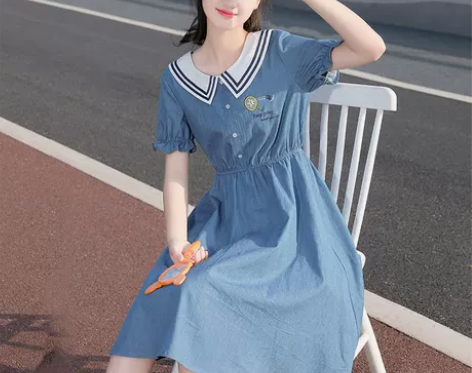 少女连衣裙中学生牛仔裙大童2021夏装新款...