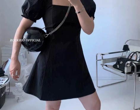 Rockrio夏季新款气质赫本风显瘦纯色方...