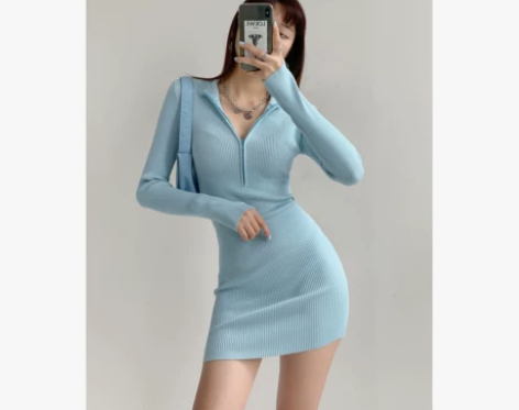 欧美辣妹风半高领拉链包臀短裙女春夏性感紧身...