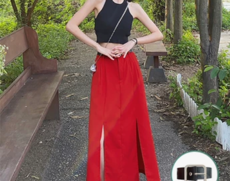 花田橱窗 自制红色开叉半身裙女夏中长款港风...