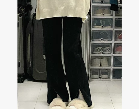 高腰开叉黑色牛仔裤女直筒宽松显瘦微喇叭小个...