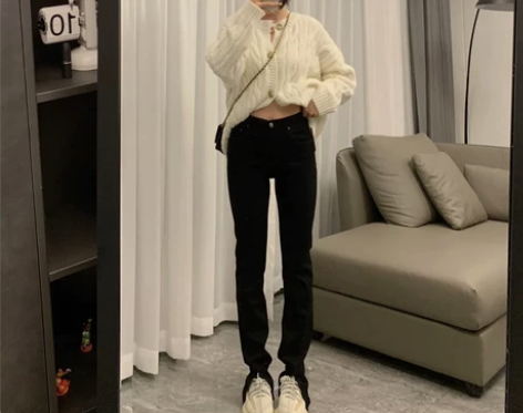 高腰开叉黑色牛仔裤女春秋大码胖mm显瘦显高...