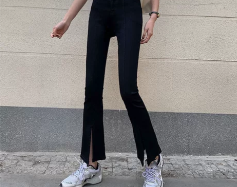 黑色开叉牛仔裤女小个子春季2022新款高腰...