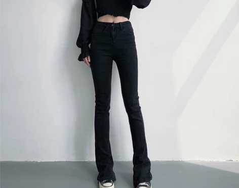 黑色加绒牛仔裤女高腰显瘦微喇叭2021年春...