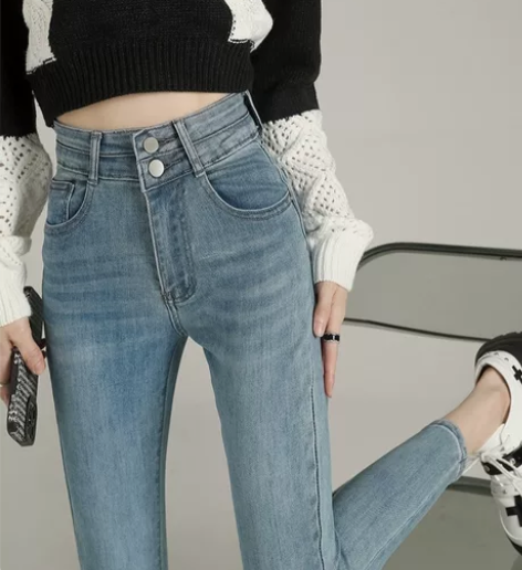 复古蓝小脚牛仔裤女春秋高腰修身显瘦弹力紧身...