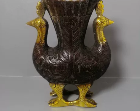 古董古玩旧货纯铜鎏金孔雀花瓶文房笔筒摆件 ...