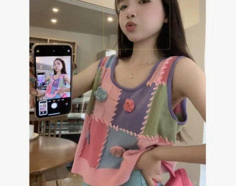 甜美甜辣设计感撞色无袖针织背心夏季小众宽松...