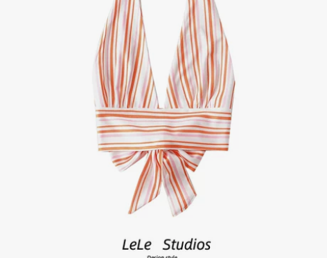 欧美ins博主款性感深V领挂脖式条纹显瘦高...