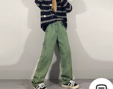 HC稚丑 嘻哈宽松直筒阔腿裤绿色洗水炒色休...