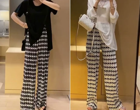 千鸟格阔腿裤女夏季薄款高腰垂感雪纺冰丝褶皱...