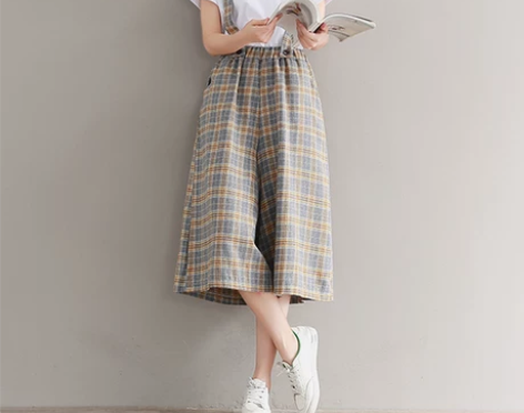 学院风复古棉麻格子背带裤宽松阔腿裤森系黄棕...