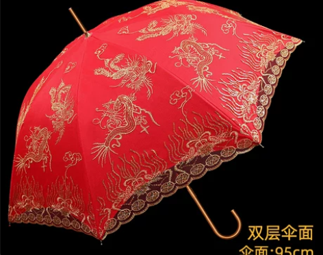 红伞婚庆结婚出嫁伞蕾丝花边刺绣中式婚礼长柄...