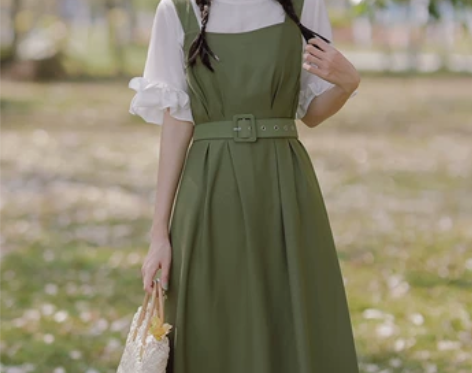 绿色背带裙夏季女桔梗法式连衣裙小众设计感套...