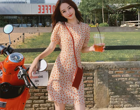 甜美小清新雪纺碎花连衣裙短袖法式收腰少女夏...