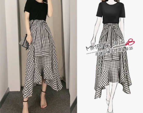 自留款2019新款法式假两件格子连衣裙女收...