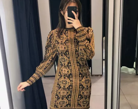 ZA提花连衣裙女装圆领针织连衣裙蓬蓬长袖包...
