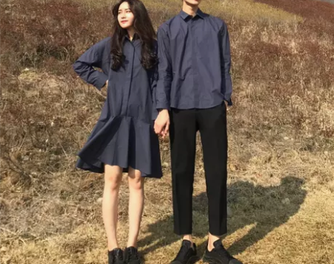 2018春夏新款翻领衬衫连衣裙情侣装 韩版...