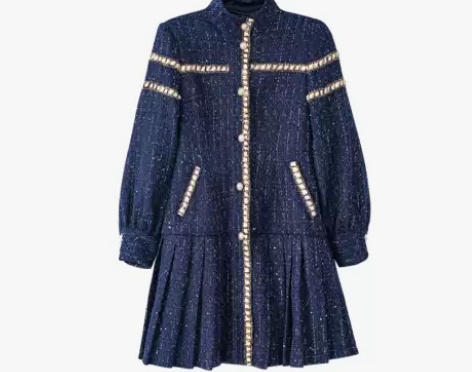 韩版2020秋冬新款立领珍珠排扣拼色亮片名...