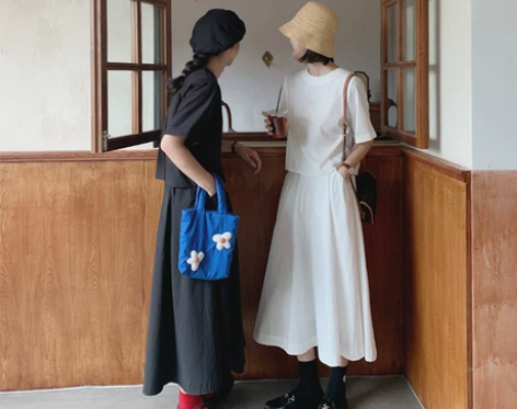 叙旧 极简文艺风 美国长绒棉半松紧A摆半裙...