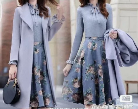 毛呢外套女两件套装裙连衣裙年冬装时髦呢子大...