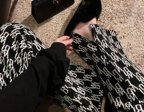 黑色高腰设计感字母针织裤女秋冬垂感宽松休闲...