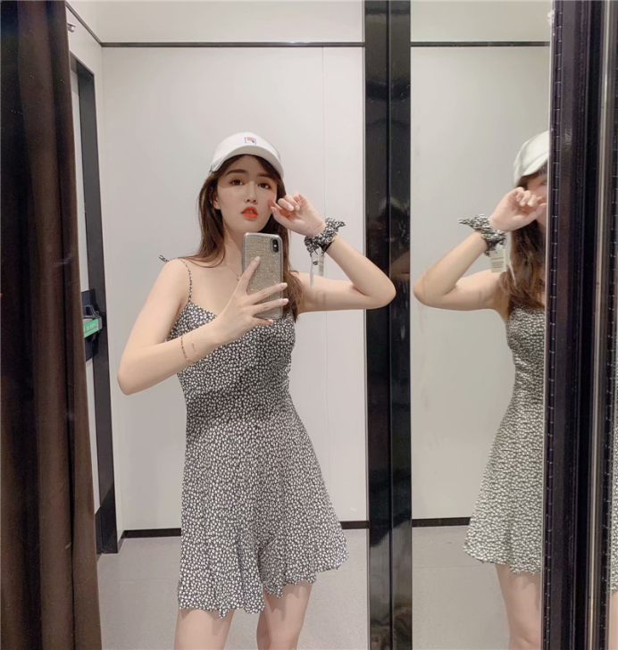 连衣裤吊带V领连体衣不带发圈印花短款连体裤...