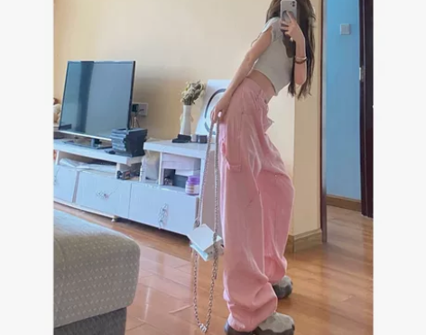 粉色牛仔裤女春秋新款甜酷宽松高腰显瘦阔腿直...