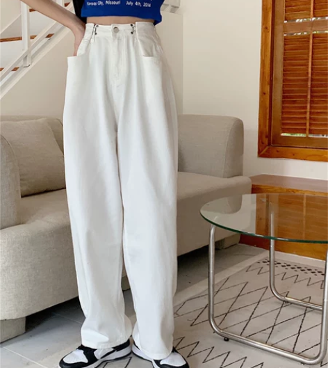 包邮高个子加长版泫雅高腰阔腿浅色薄款可调节...