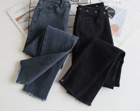 中腰牛仔小脚裤，九分毛边蓝灰色，尺寸27，...