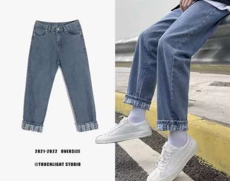 牛仔裤男春季新款ins直筒宽松休闲阔腿翻边...