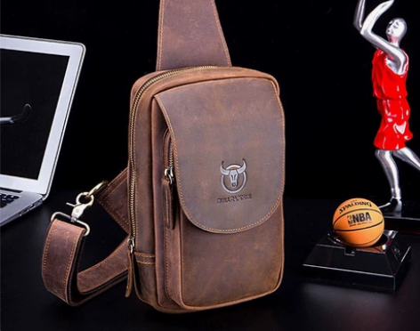 牛船长胸包男真皮疯马皮休闲单肩斜跨包大容量...
