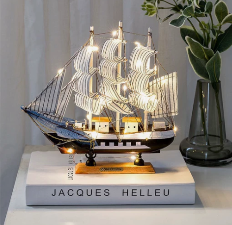帆船模型摆件带灯木质工艺船一帆风顺节日礼物...