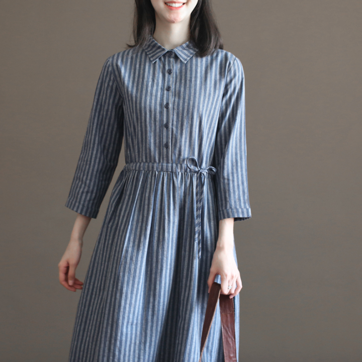 三五年Q427秋装森系棉麻条纹文艺复古宽松...