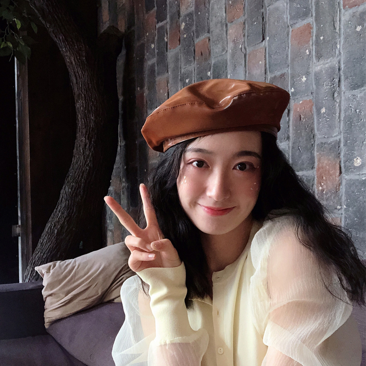 贝雷帽女时尚英伦PU光面皮帽子韩版百搭画家...