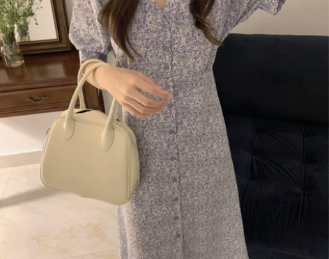 韩版chic夏季法式复古气质仙女碎花裙单排...