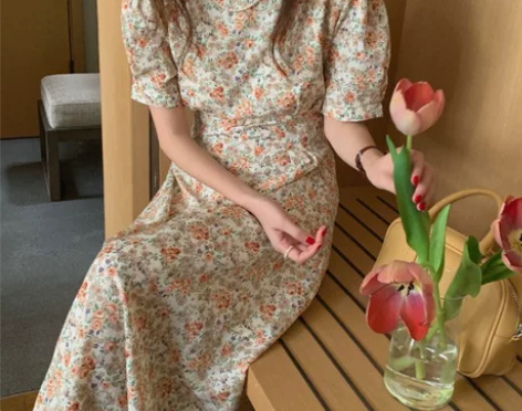 韩国chic夏季法式优雅减龄清新圆领碎花裙...