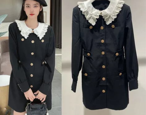 2022秋季新款法式复古花边娃娃领撞色连衣...