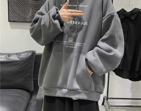 秋冬季加绒加厚月球印花男士连帽卫衣男韩版宽...