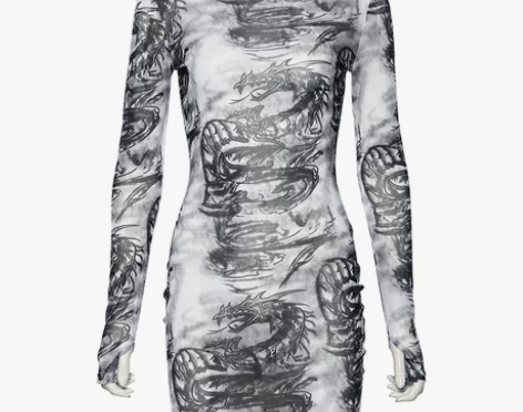 欧美博主同款涂鸦撞色网纱长袖连衣裙个性炫酷...