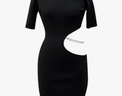 轻奢法式chic半高领中袖镂空露腰针织连衣...