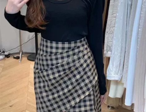 不规则黑白格子半身裙港味复古高腰显瘦包臀裙...