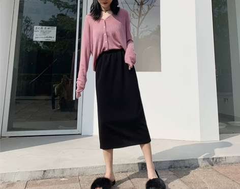 针织半身裙秋冬女中长款A字裙冬天配毛衣高腰...