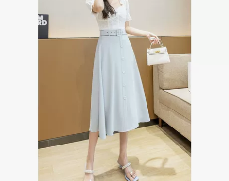 温柔气质水湖蓝中长款高腰半身裙大摆a字裙西...