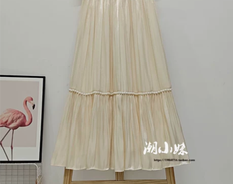 缎面光泽半身裙女春夏新款韩版钉珠拼接A字裙...