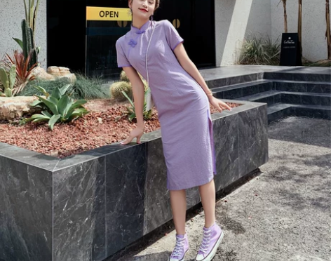 改良旗袍女长款气质连衣裙紫色复古少女蚀骨年...