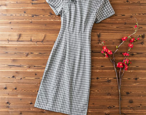 棉麻新式改良旗袍连衣裙短款复古格子学生文艺...